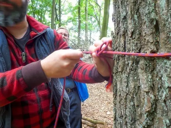 Seil wird um einen Baumstamm geschlungen und verknotet