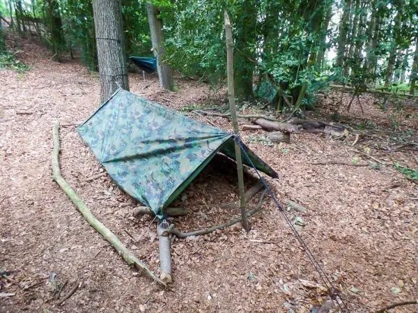 Tarp-Notunterkunft aus einer Plane und Ästen, mit Abspannschnur gesichert