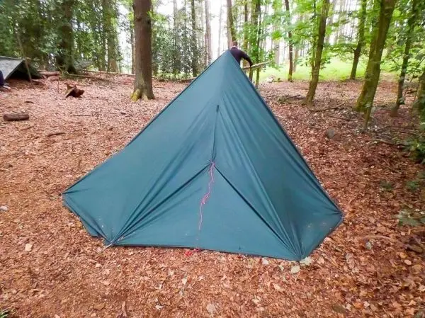 Tarp-Notunterkunft in einem Waldgebiet, mit Laub und Bäumen im Hintergrund