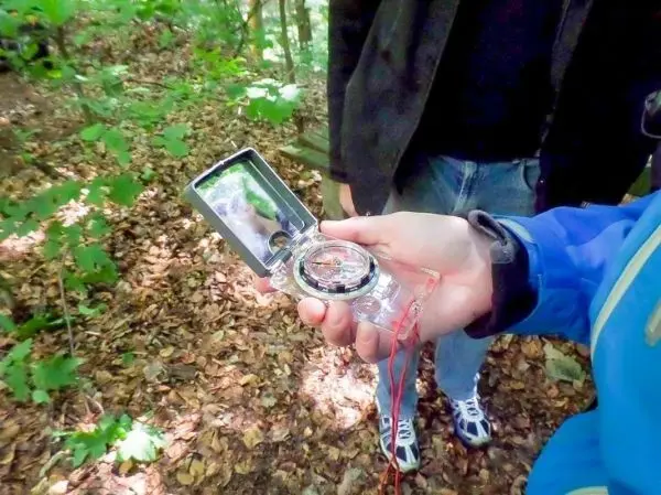 Kompass wird in der Hand gehalten, während im Wald navigiert wird