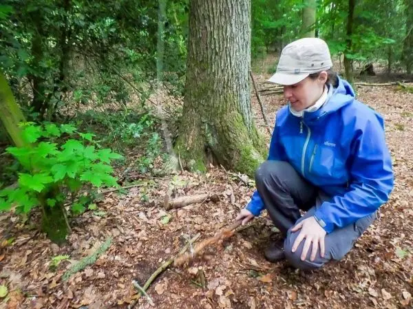 Person kniet neben einem Baum und untersucht den Boden mit einem Stock