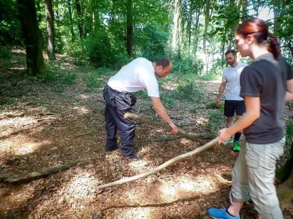 Drei Personen arbeiten gemeinsam an einer selbstgebauten Konstruktion aus Ästen im Wald