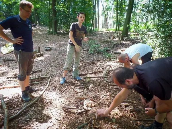 Gruppierung von Personen arbeitet am Boden mit Holzstücken und Ästen im Wald