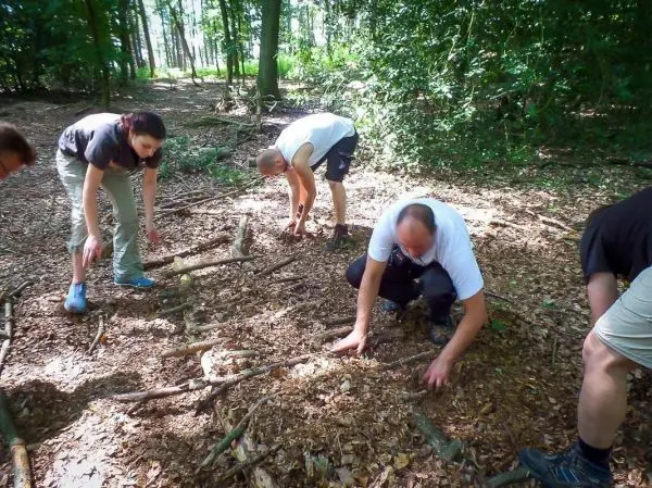 Teilnehmer sammeln Äste und Holzstücke im Wald für eine Konstruktion