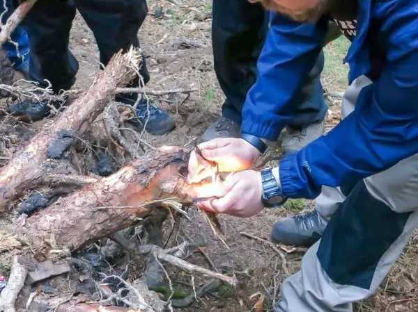 Feuerstahl erzeugt Funken auf Zunder zwischen Holzstücken