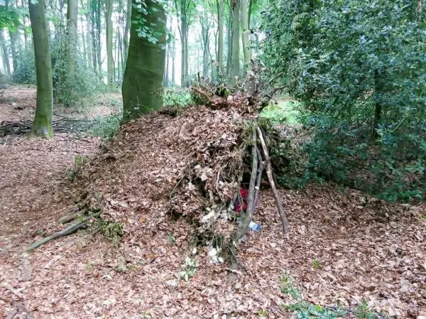 Tarp-Notunterkunft aus Ästen und Laub im Wald aufgebaut