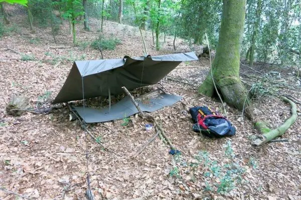 Tarp-Notunterkunft aus Plane und Ästen neben einem Rucksack im Wald