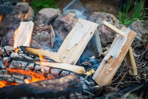 Holzstücke schmelzen über einem offenen Feuer, Flammen und Glut sichtbar