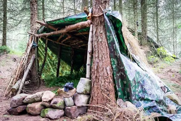 Tarp-Notunterkunft aus Ästen und Plane, umgeben von Steinen im Wald