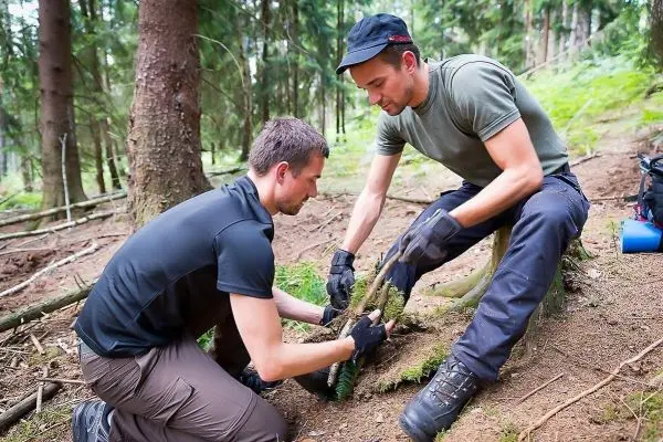 Zwei Personen bauen eine Konstruktion aus Ästen im Wald