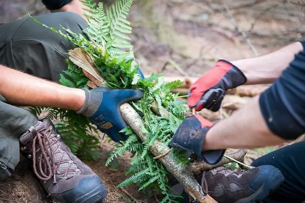 Zwei Personen binden Farne um einen Holzstock mit einem Messer