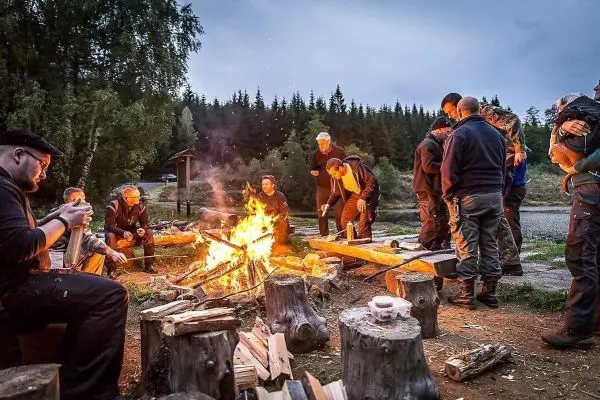 Kleines Bodenfeuer in einer Gruppe umringt von Holzstämmen und Bäumen