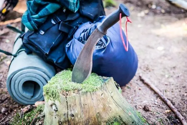 Messer steckt in einem Baumstumpf neben Ausrüstung im Wald