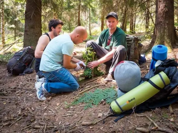 Drei Personen arbeiten im Wald an einer improvisierten Konstruktion aus Ästen und Pflanzen