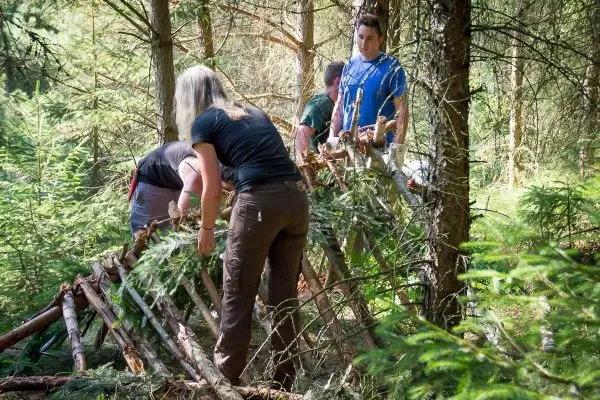 Gruppierung baut eine improvisierte Unterkonstruktion aus Ästen im Wald