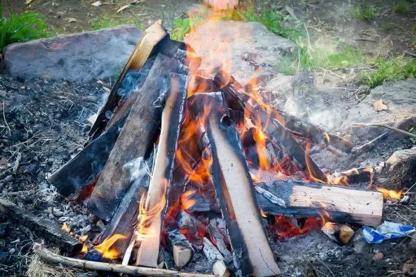 Kleine Flamme mit glühenden Holzstücken in einem Feuerplatz