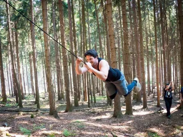 Person schwingt an Seil zwischen Bäumen im Wald