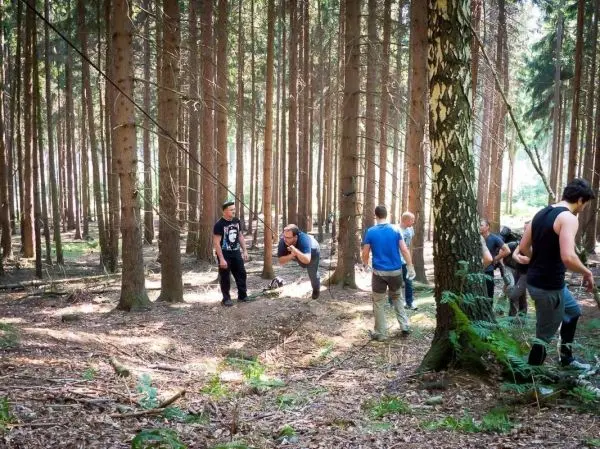 Selbstgebaute Seilquerung wird von mehreren Personen im Wald genutzt