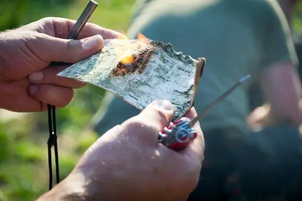 Zunder glimmt auf Birkenrinde, während Feuerstahl Funken erzeugt