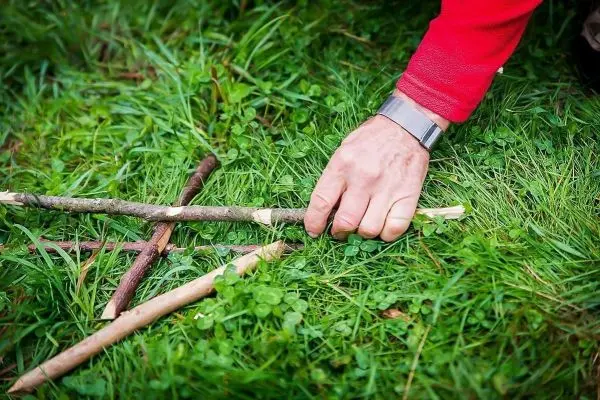 Hand legt einen Stock auf das Gras beim Überlebenstraining