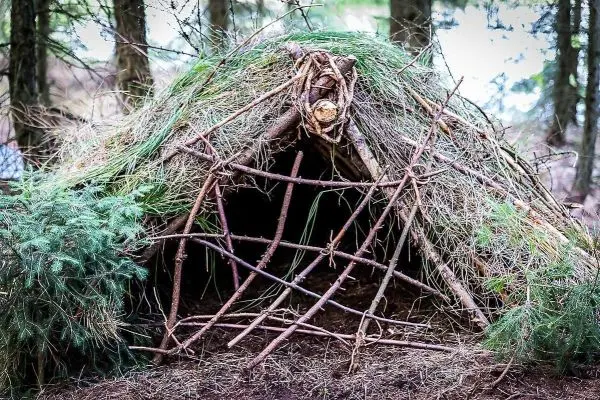 Selbstgebaute Laubhütte aus Ästen und Gras mit einer offenen Vorderseite
