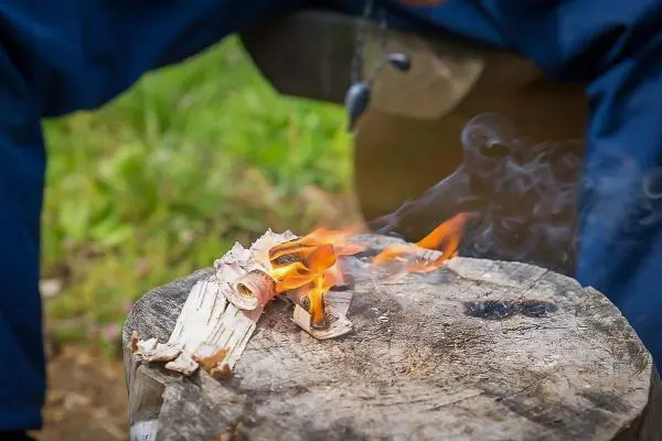 Kleine Flamme brennt auf Zunderstücken auf einem Baumstumpf