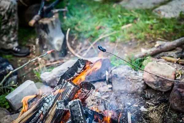 Kleine Flamme brennt im Lagerfeuer, Stock mit Speise darüber gehalten