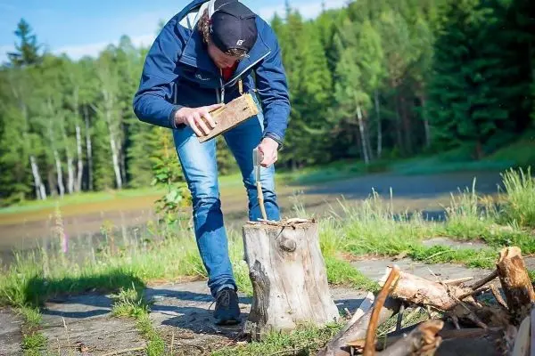 Person bearbeitet Holzstück auf einem Baumstumpf