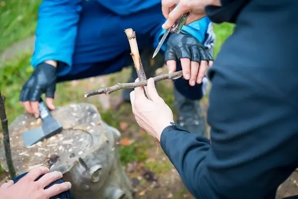 Zweig wird mit einem Messer bearbeitet, während ein anderer Zweig auf einem Holzstück liegt