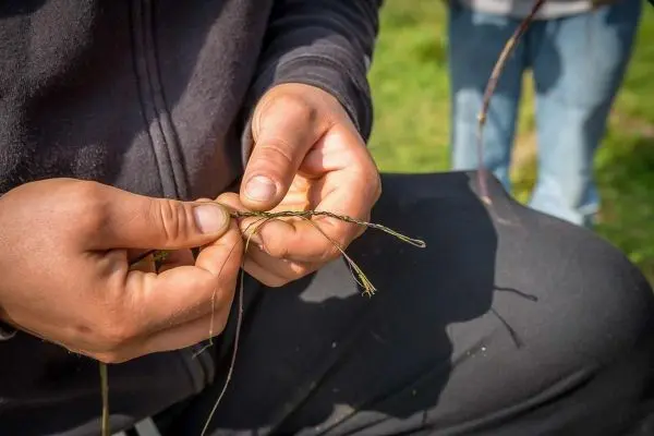 Hände flechten dünne Pflanzenfasern zu einem stabilen Material