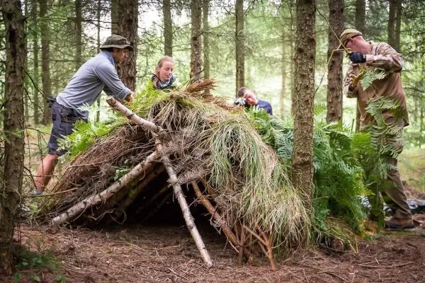 Vier Personen bauen eine Tarp-Notunterkunft aus Ästen und Pflanzenmaterial