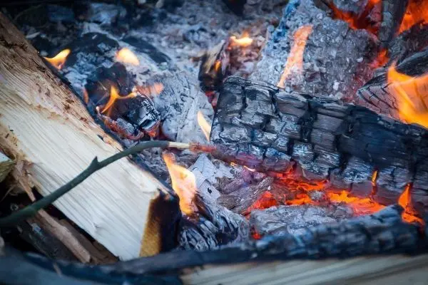 Kleine Flamme zwischen glühenden Holzstücken im Feuer