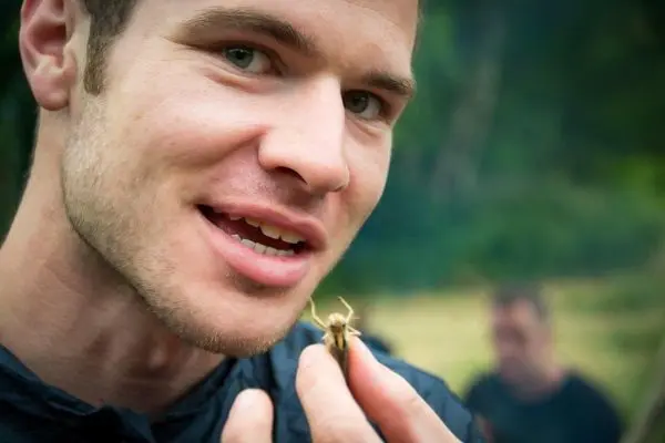 Mann hält ein Insekt in der Hand und spricht darüber