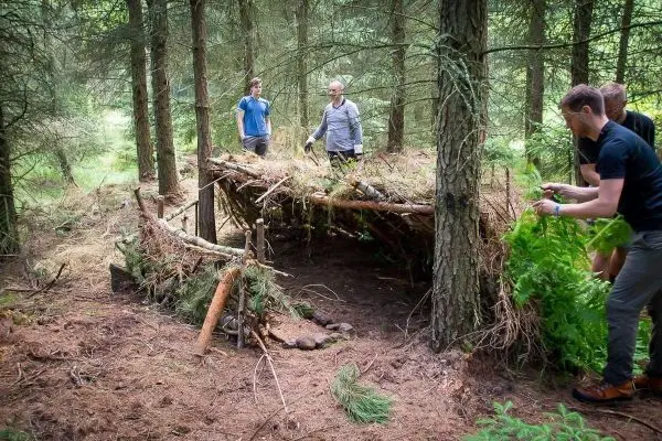 Personen bauen eine Unterkunft aus Ästen und Blättern im Wald beim Survival Training