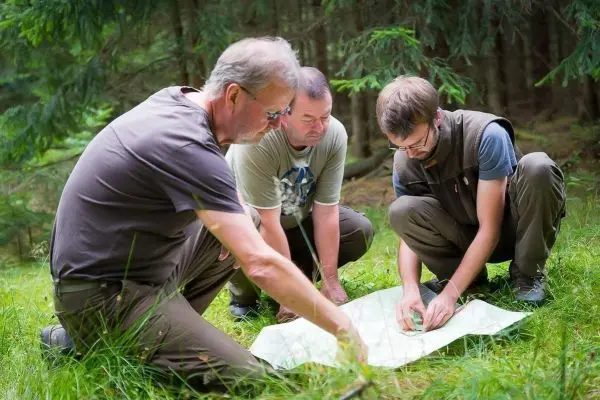 Drei Personen betrachten eine Karte auf dem Boden im Wald