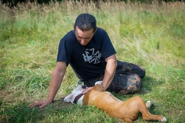 Mann liegt auf dem Gras und streichelt einen Hund