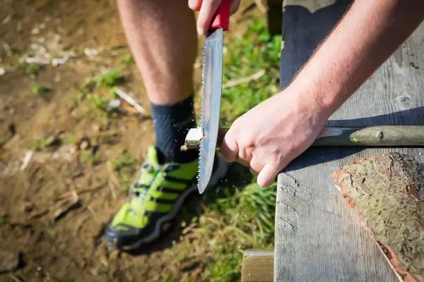 Person schneidet Holzstück mit einer Säge auf einem Tisch