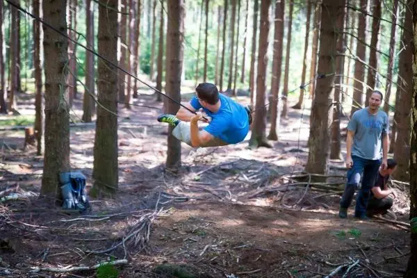 Person schwingt an Seil zwischen Bäumen im Wald