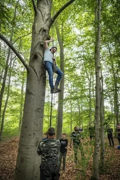 Ein Mann klettert mit Seiltechnik an einem Baum hoch