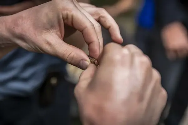 Hände formen einen kleinen Gegenstand zwischen den Fingern