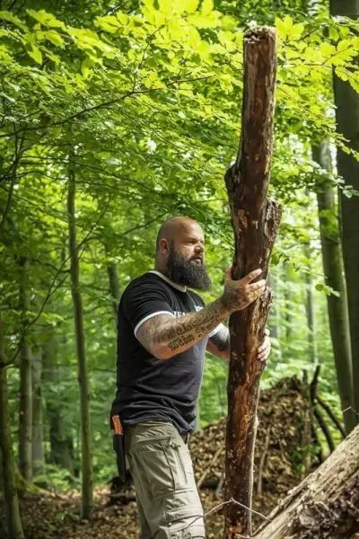 Holzstamm wird im Wald aufgerichtet und stabilisiert