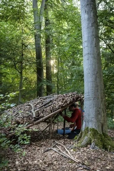 Mann baut Tarp-Notunterkunft aus Ästen und Laub unter einem Baum