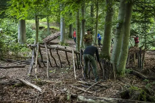 Person baut eine selbstgebaute Seilbrücke im Wald