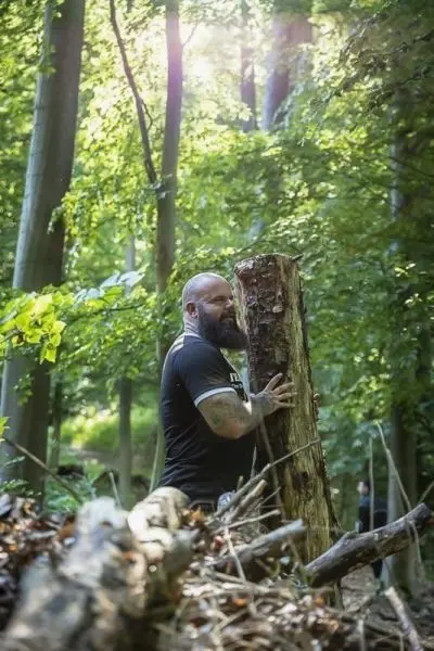 Person hebt einen Baumstamm im Wald an