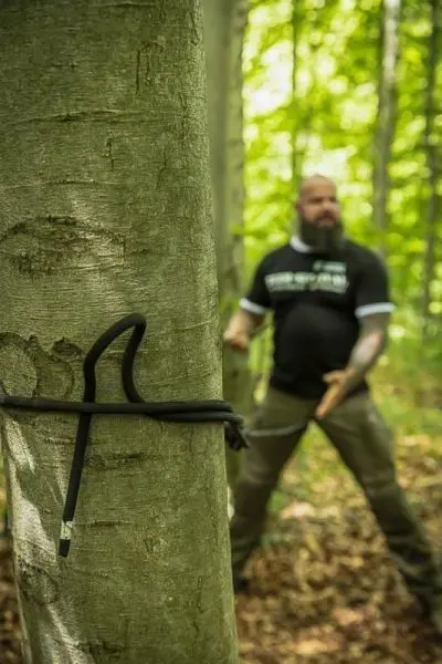 Seil umschlingt Baumstamm, während Person mit Kraft zieht