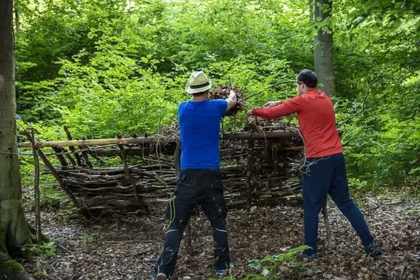 Zwei Personen bauen eine Holzkonstruktion aus Ästen und Zweigen im Wald