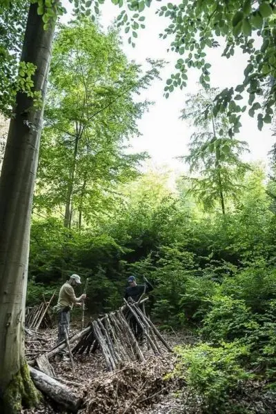 Zwei Personen bauen eine Holzstruktur aus Ästen im Wald