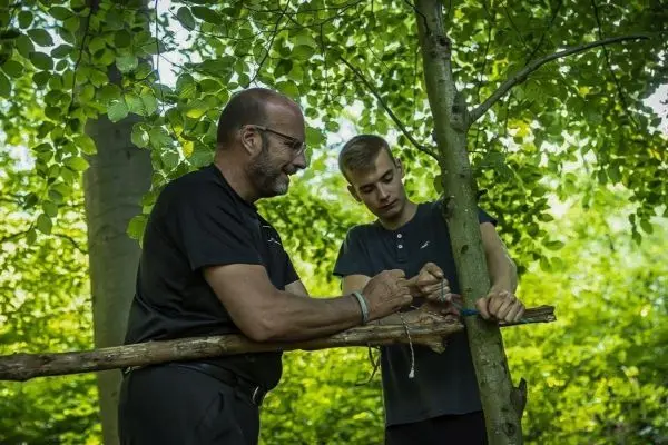 Zwei Personen binden eine Schnur um einen Ast an einem Baum