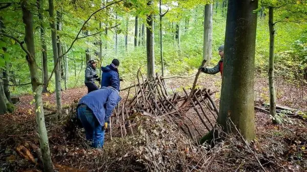 Gruppe baut eine Holzkonstruktion aus Ästen im Wald