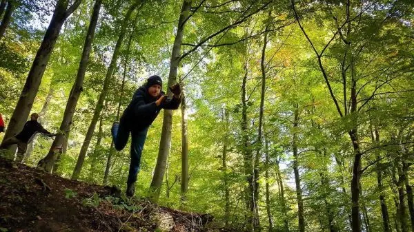 Junge zieht sich mit einem Stock an einem Hang im Wald hoch